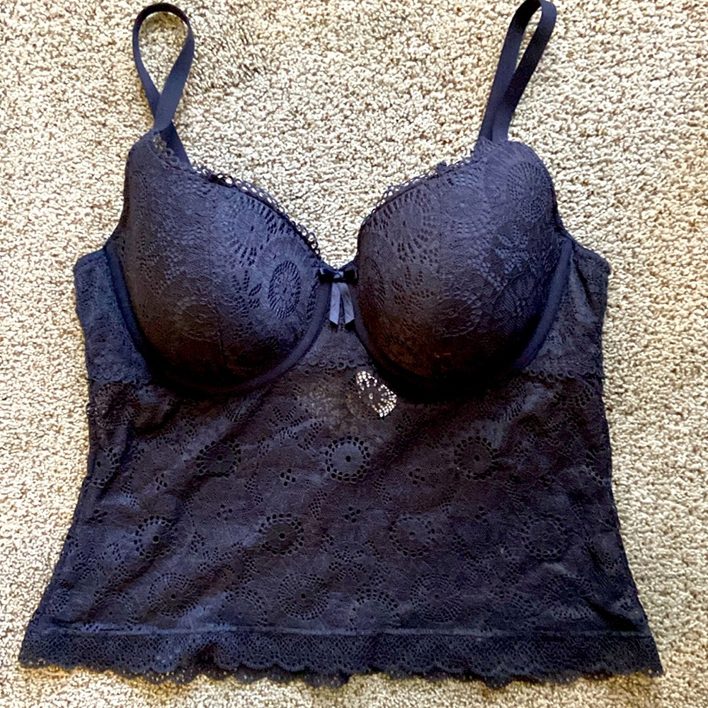 Pour Moi black lace contour cup cropped cami top Sz 36 D